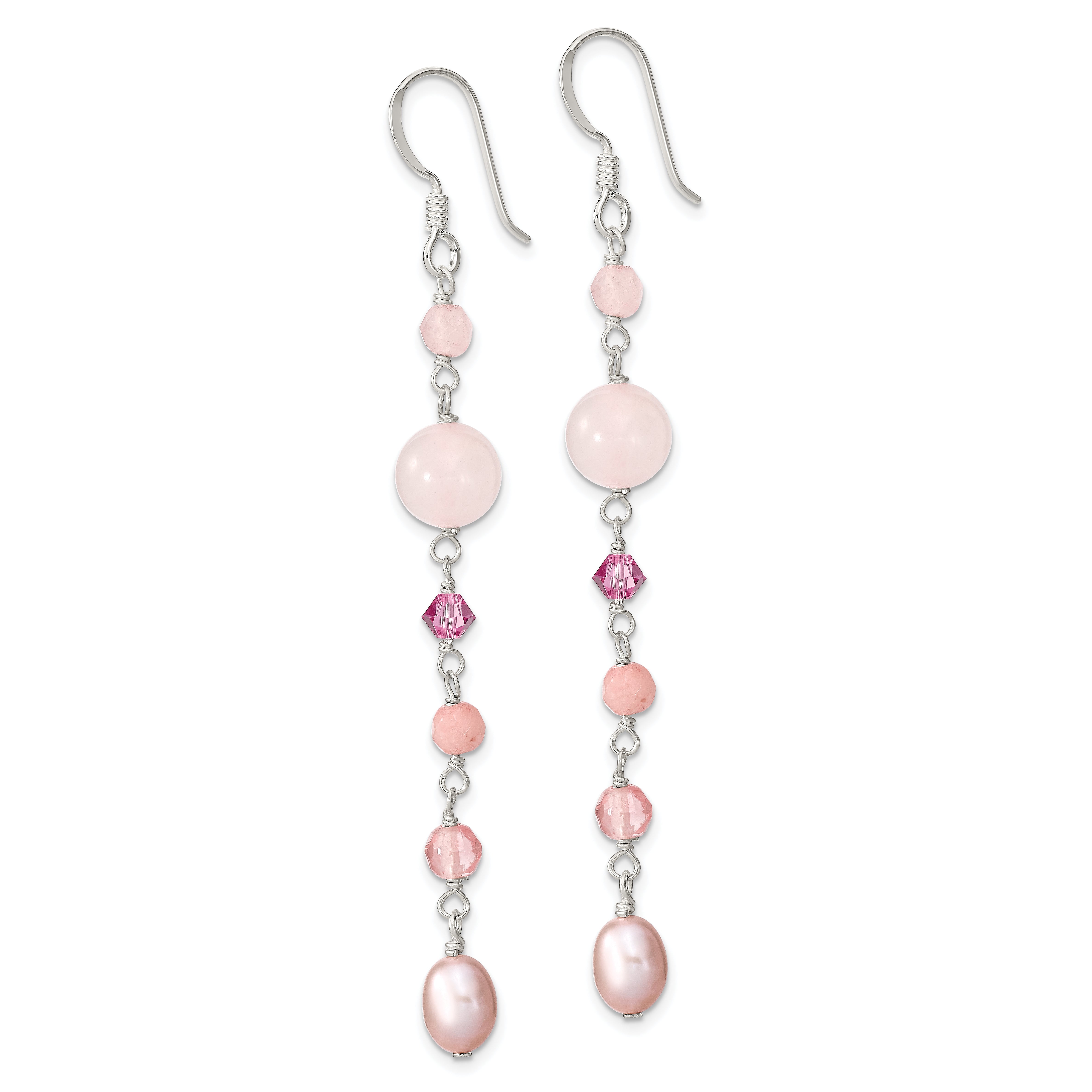 Sterling Silver Polished Pink FWC Pearl, Pink Jade, Rosaline, Cherry & Rose Quartz Dangle Earrings