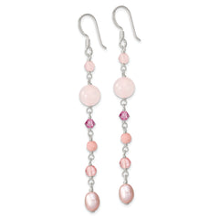 Sterling Silver Polished Pink FWC Pearl, Pink Jade, Rosaline, Cherry & Rose Quartz Dangle Earrings