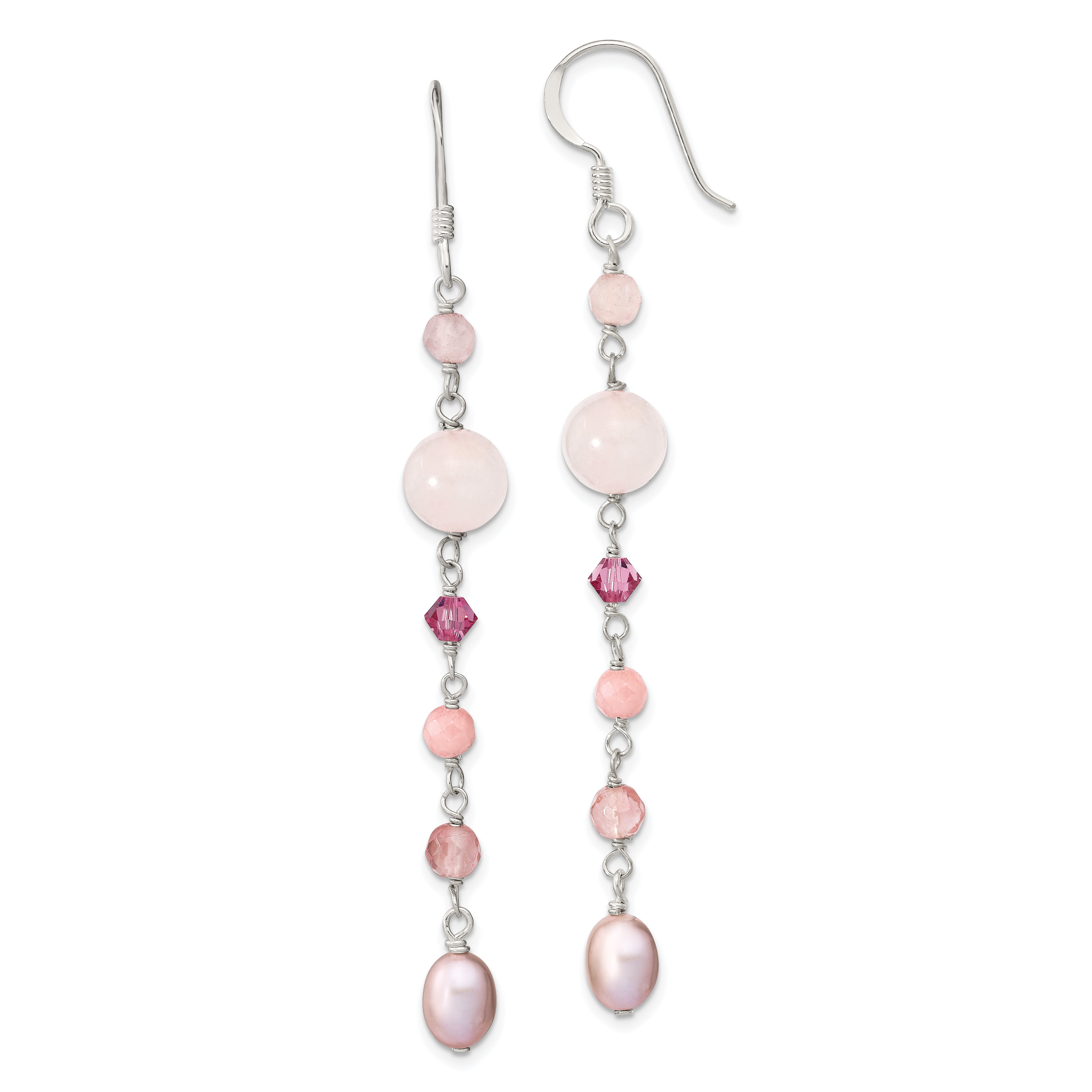 Sterling Silver Polished Pink FWC Pearl, Pink Jade, Rosaline, Cherry & Rose Quartz Dangle Earrings