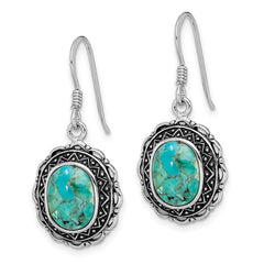 Sterling Silver Rhodium-plated Antiqued w/Recon. Turquoise Earrings