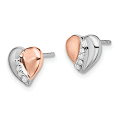 Sterling Silver Rhodium/Rose Gold-plated CZ Heart Earrings