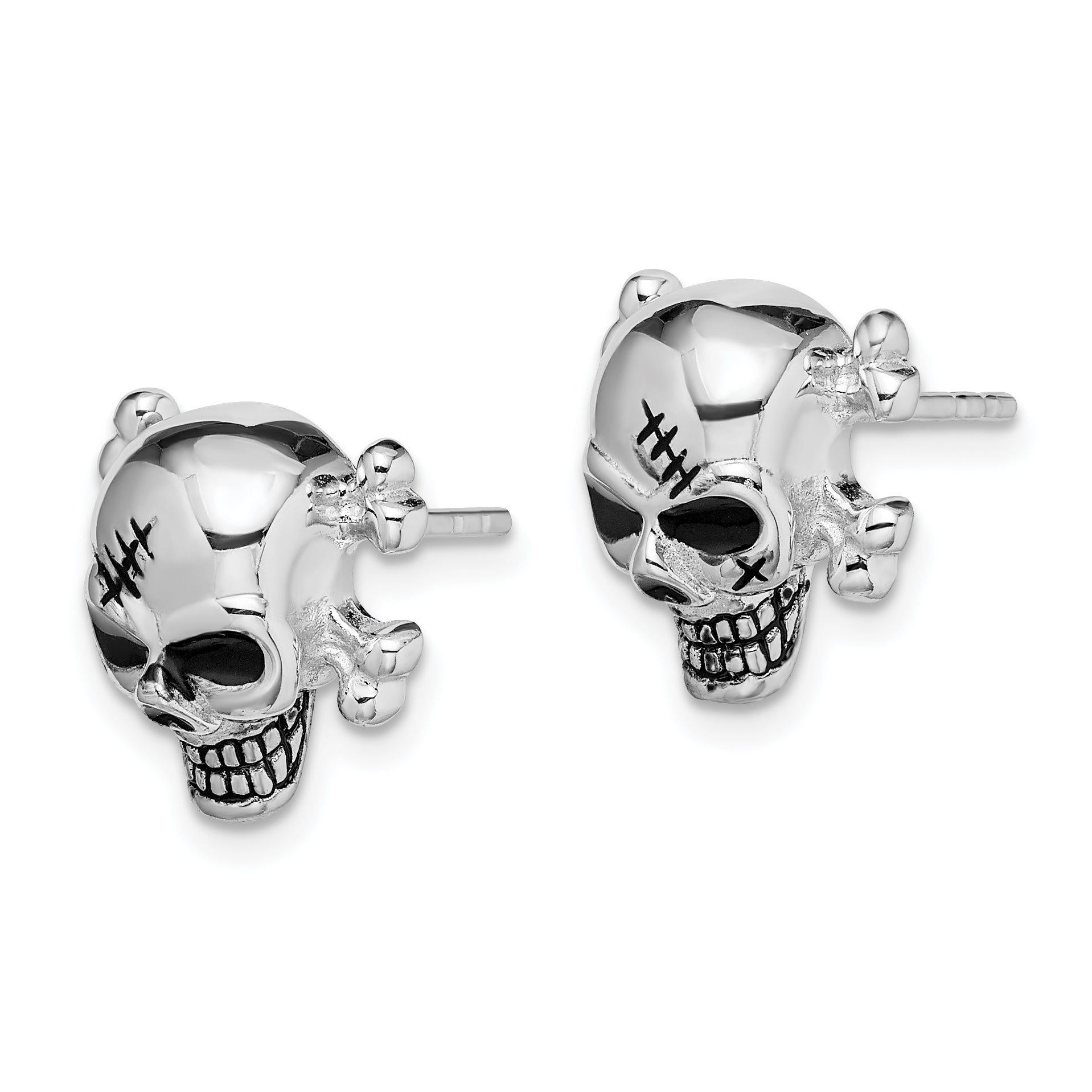 Sterling Silver Rhod-plated Antiqued Enameled Skull Post Earrings