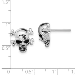 Sterling Silver Rhod-plated Antiqued Enameled Skull Post Earrings