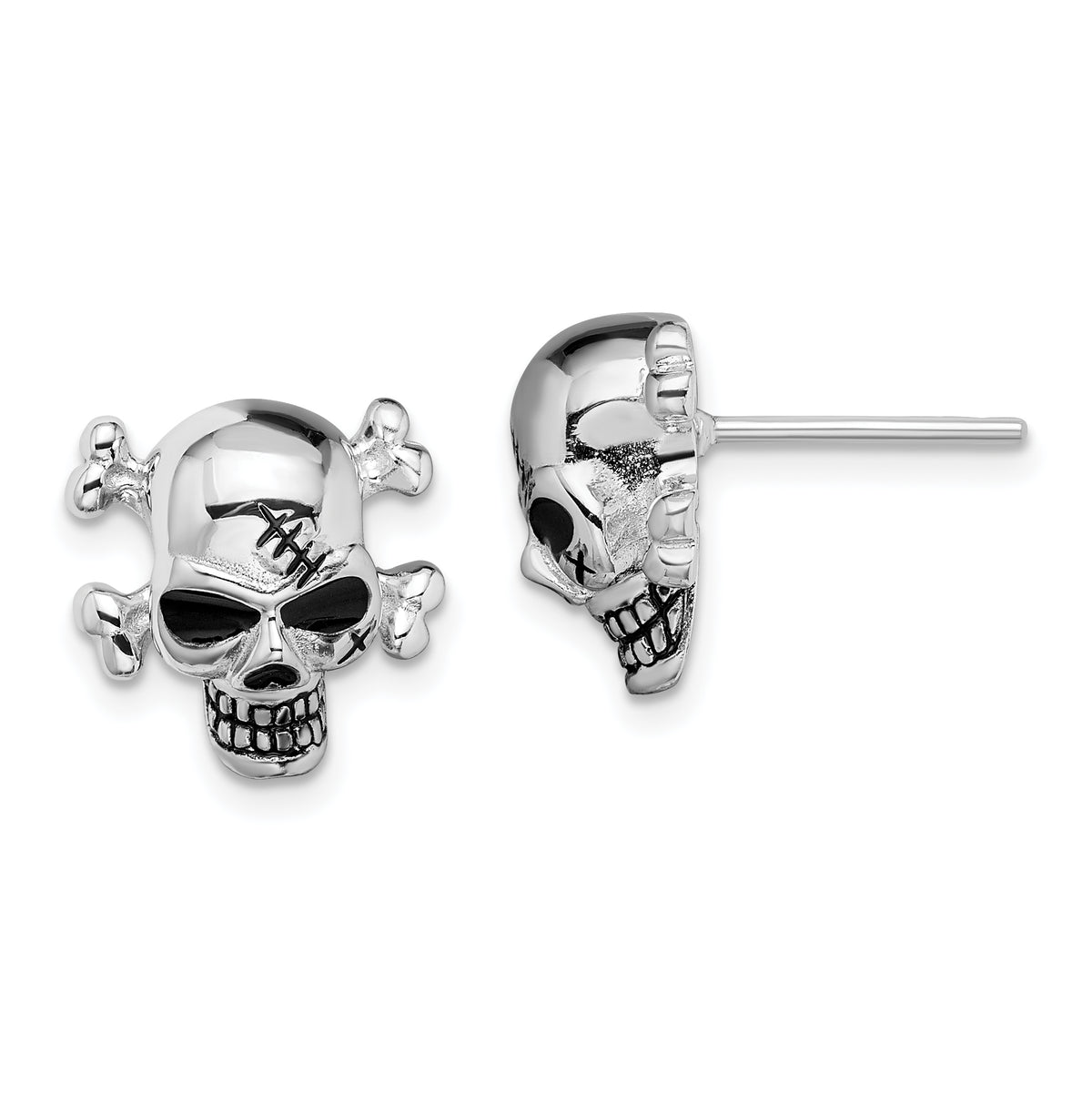 Sterling Silver Rhod-plated Antiqued Enameled Skull Post Earrings