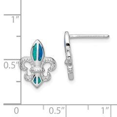 Sterling Silver Rhodium-plated Polished & Beaded Blue Created Opal Fleur De Lis Post Earrings