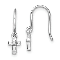 Sterling Silver Rhodium Diam. Cross Dangle Shepherds Hook Earrings