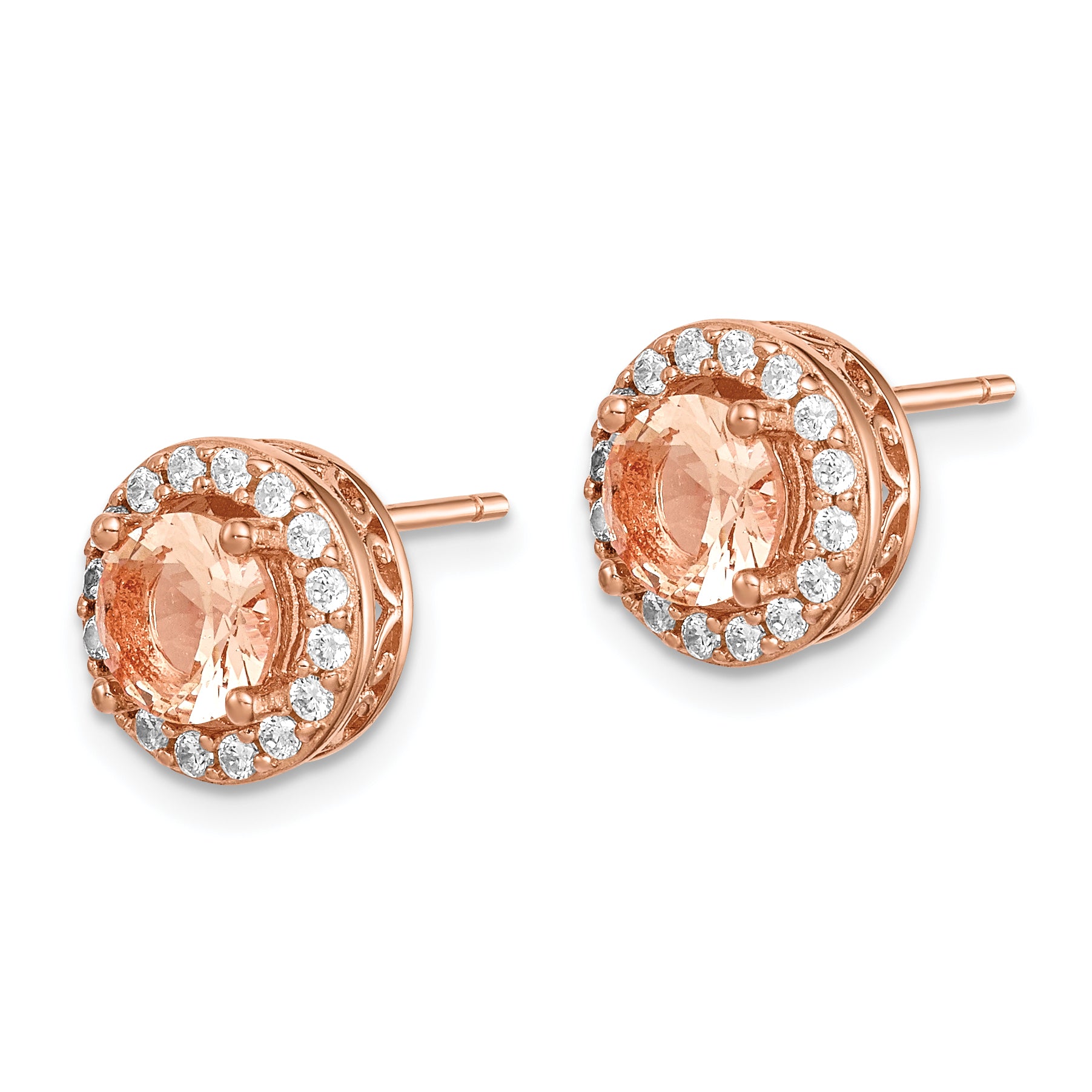 Sterling Silver Rose-tone Round Peach CZ Halo Post Earrings