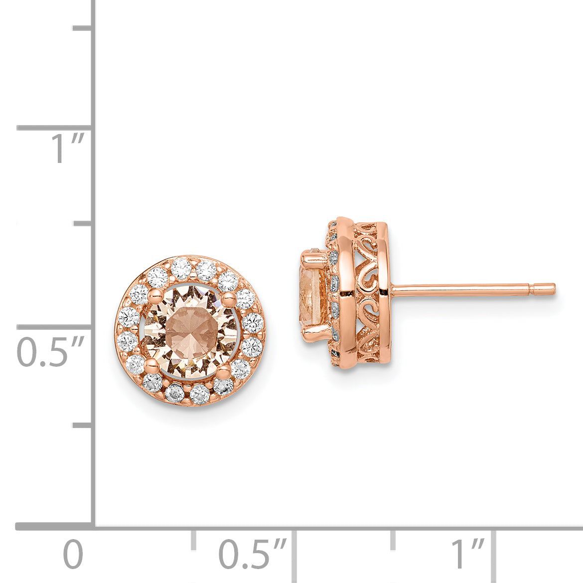 Sterling Silver Rose-tone Round Peach CZ Halo Post Earrings