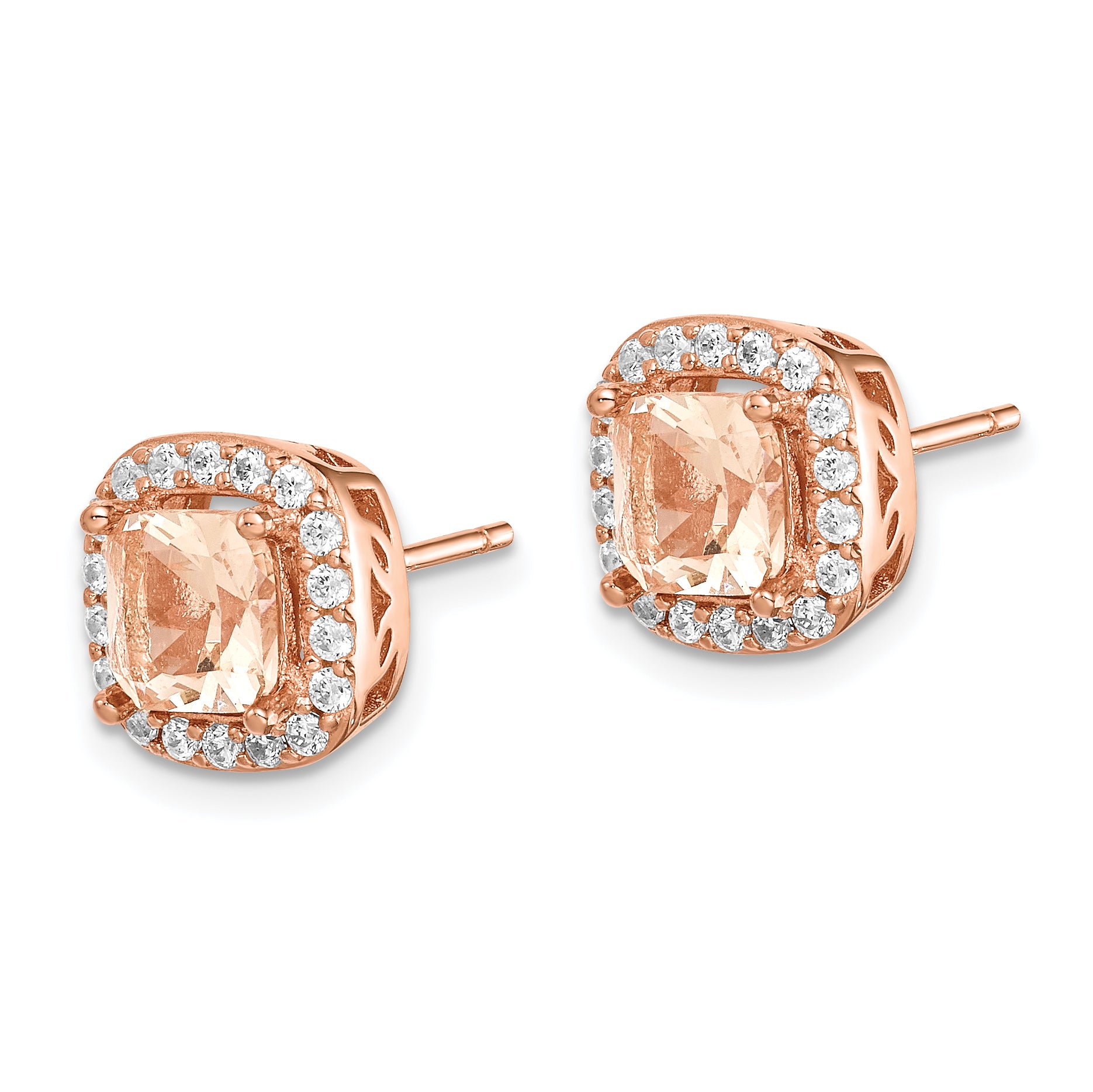 Sterling Silver Rose-tone Square Peach CZ Halo Post Earrings