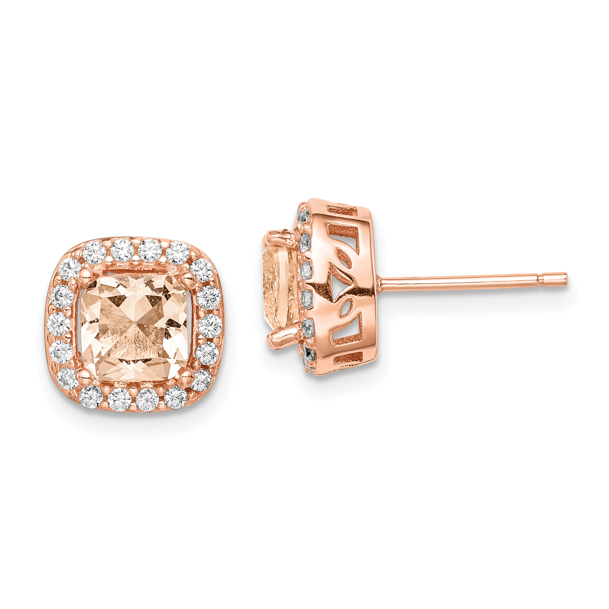 Sterling Silver Rose-tone Square Peach CZ Halo Post Earrings