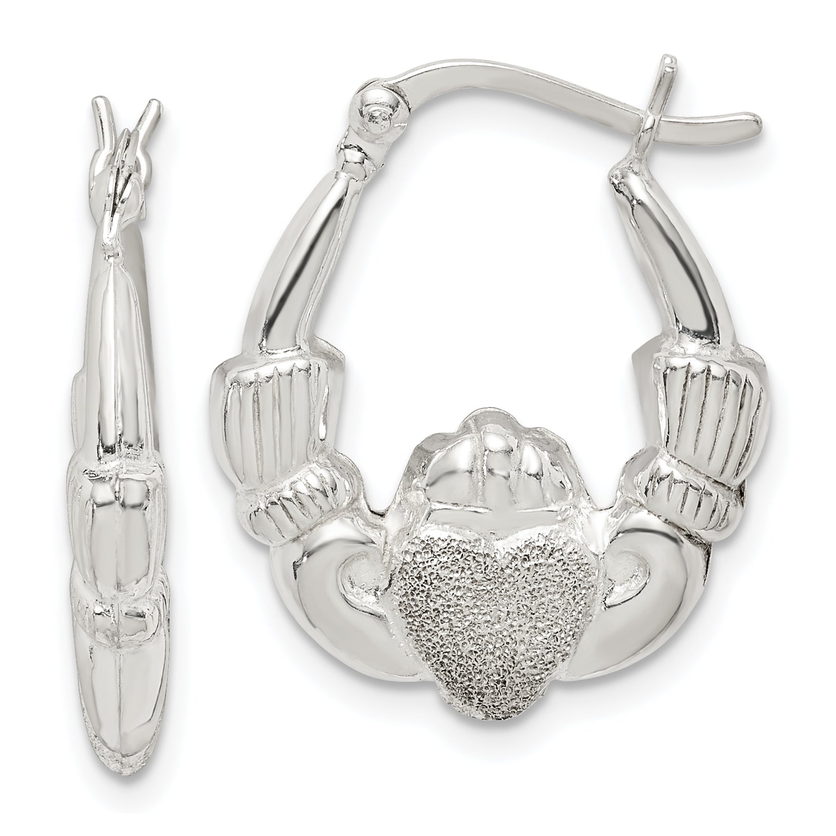 Sterling Silver Polished & Laser Cut Claddagh Hoop Earrings