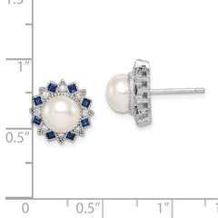 Sterling Silver RH-plated FWC Pearl/Syn. Blue Spinel/CZ Earrings