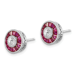 Sterling Silver Rhodium-plated CZ /Created Ruby Halo Post Earrings