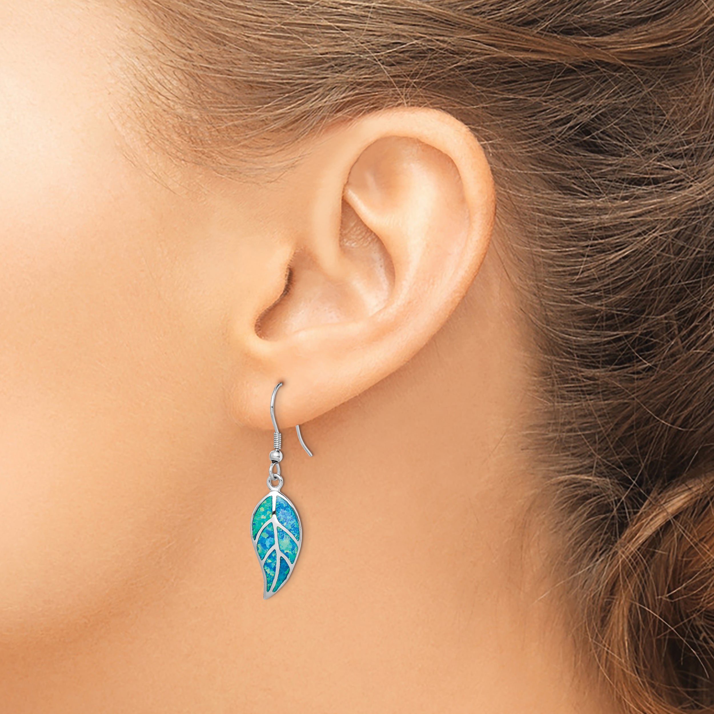 Sterling Silver Rhodium-plated Created Blue Opal Leaf Dangle Earrings