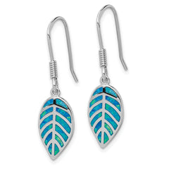 Sterling Silver Rhod-plated Creat Blue Opal Inlay Leaf Dangle Earrings