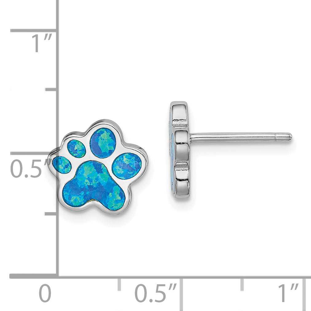 Sterling Silver Rhod-plated Creat Blue Opal Paw Print Post Earrings