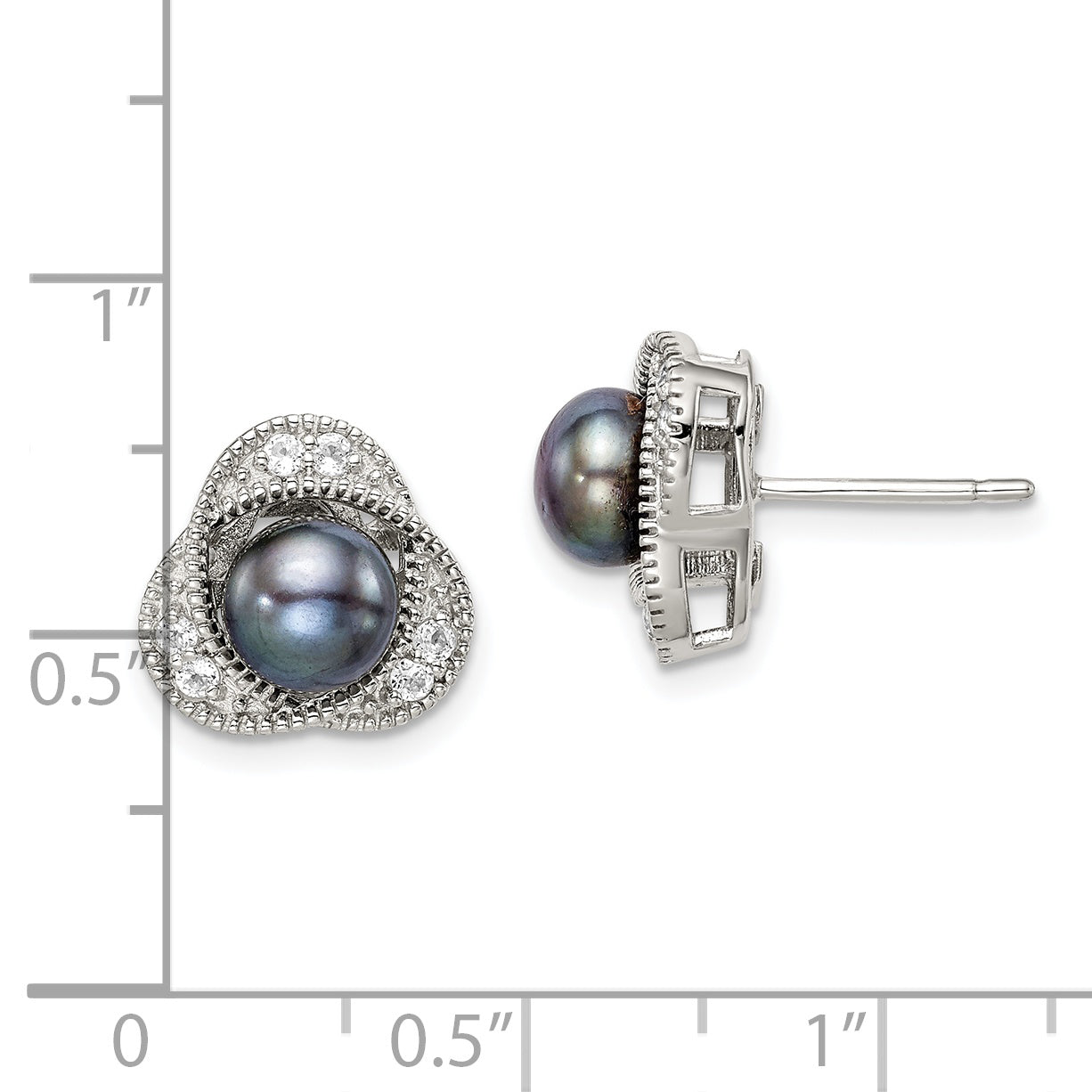 Sterling Silver Polished Black 6-7mm Freshwater Cultured Pearl and White Topaz Post Earrings