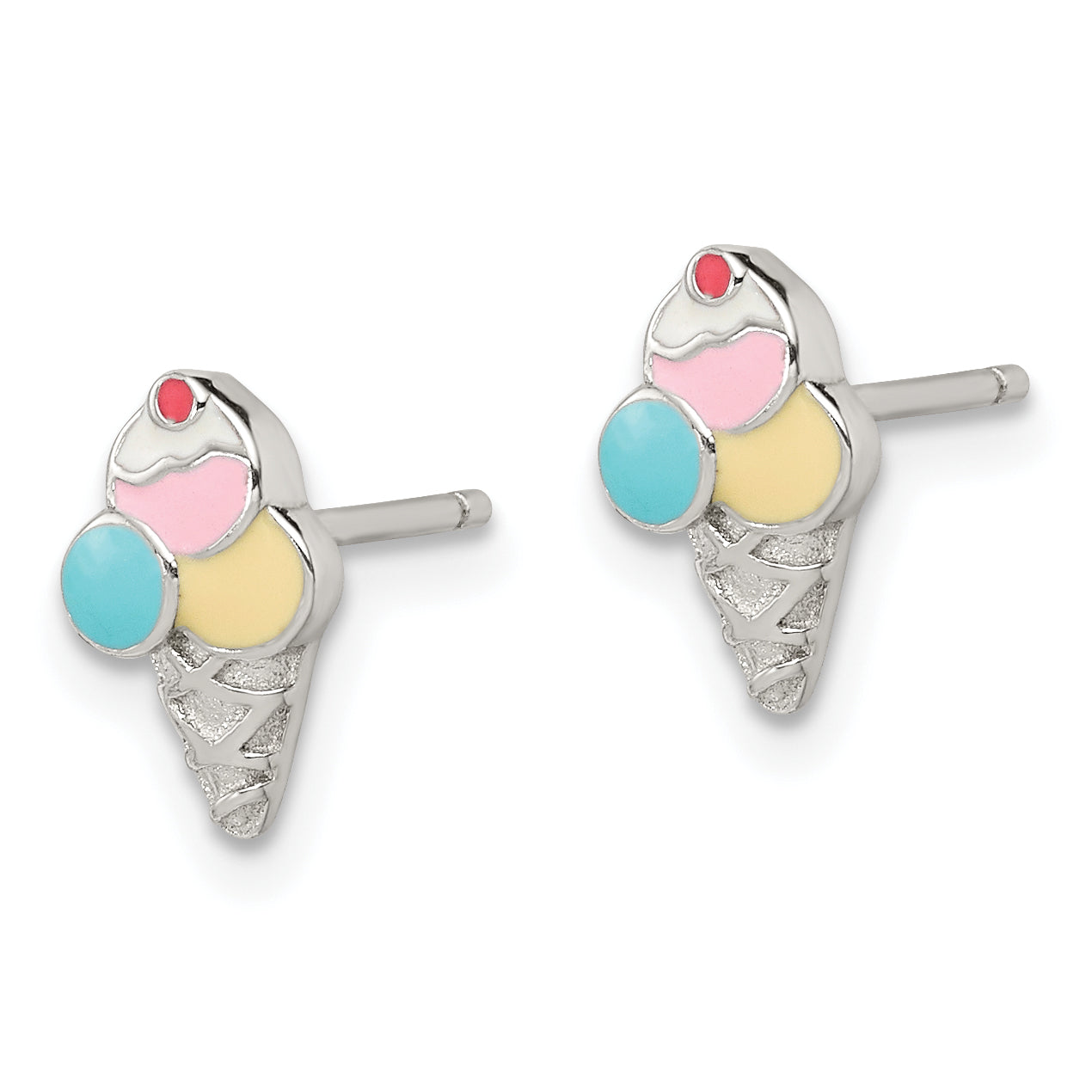 Sterling Silver Rhodium-plated Polished & Textured Multi-color Enameled Ice Cream Cone Children's Post Earrings