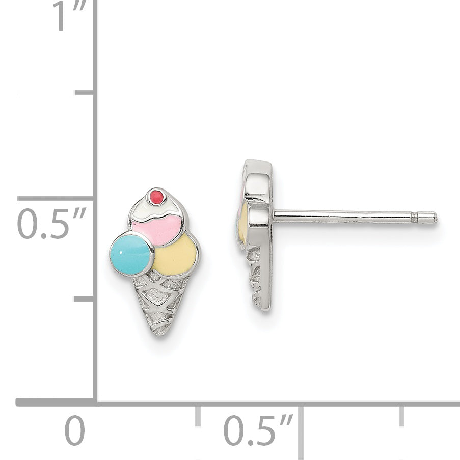 Sterling Silver Rhodium-plated Polished & Textured Multi-color Enameled Ice Cream Cone Children's Post Earrings