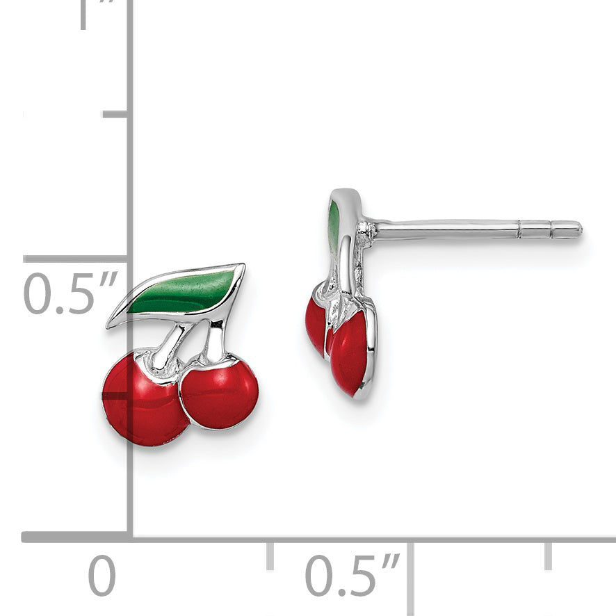 Sterling Silver Rhodium-plated Polished Red & Green Enameled Cherries Children's Post Earrings