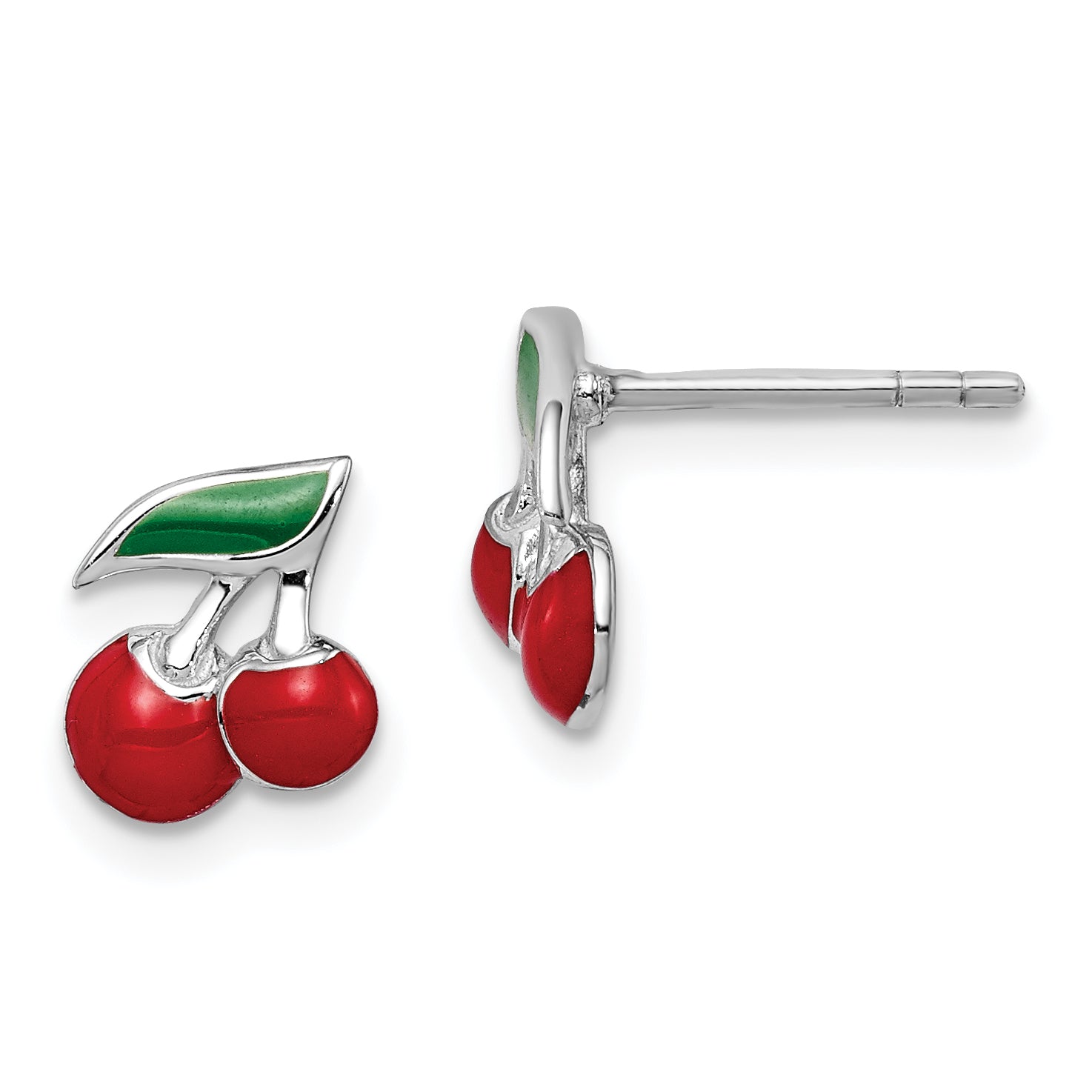 Sterling Silver Rhodium-plated Polished Red & Green Enameled Cherries Children's Post Earrings