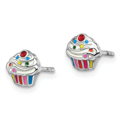 Sterling Silver Rhodium-plated Polished & Multi-color Enameled Cupcake Children's Post Earrings