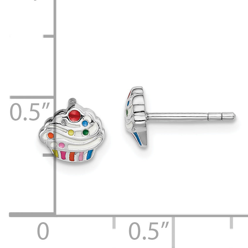 Sterling Silver Rhodium-plated Polished & Multi-color Enameled Cupcake Children's Post Earrings