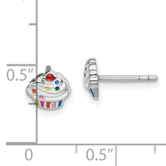 Sterling Silver Rhodium-plated Polished & Multi-color Enameled Cupcake Children's Post Earrings