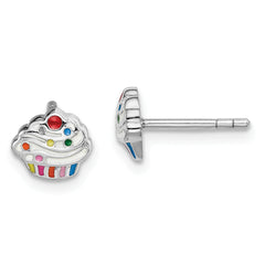 Sterling Silver Rhodium-plated Polished & Multi-color Enameled Cupcake Children's Post Earrings