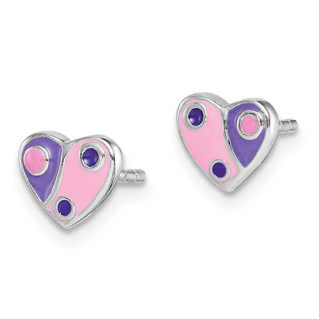 Sterling Silver Rhodium-plated Polished Pink & Purple Enameled Heart Children's Post Earrings