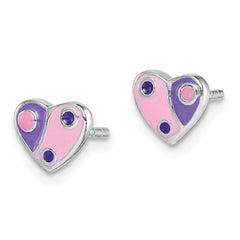 Sterling Silver Rhodium-plated Polished Pink & Purple Enameled Heart Children's Post Earrings