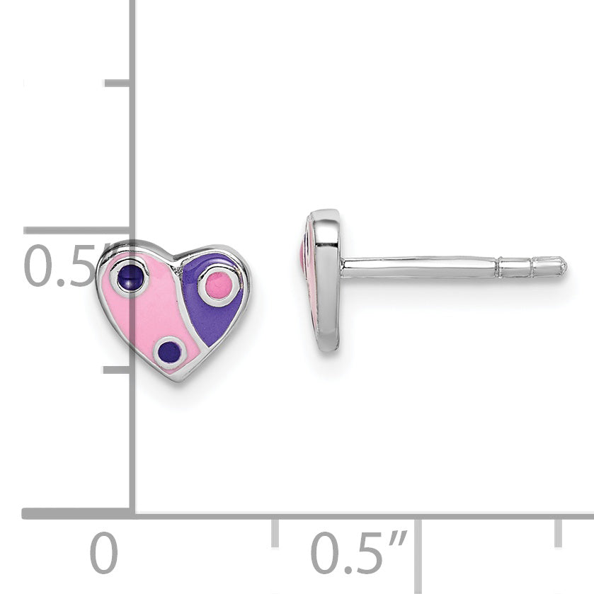 Sterling Silver Rhodium-plated Polished Pink & Purple Enameled Heart Children's Post Earrings