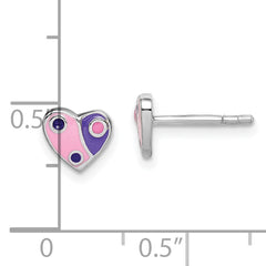 Sterling Silver Rhodium-plated Polished Pink & Purple Enameled Heart Children's Post Earrings