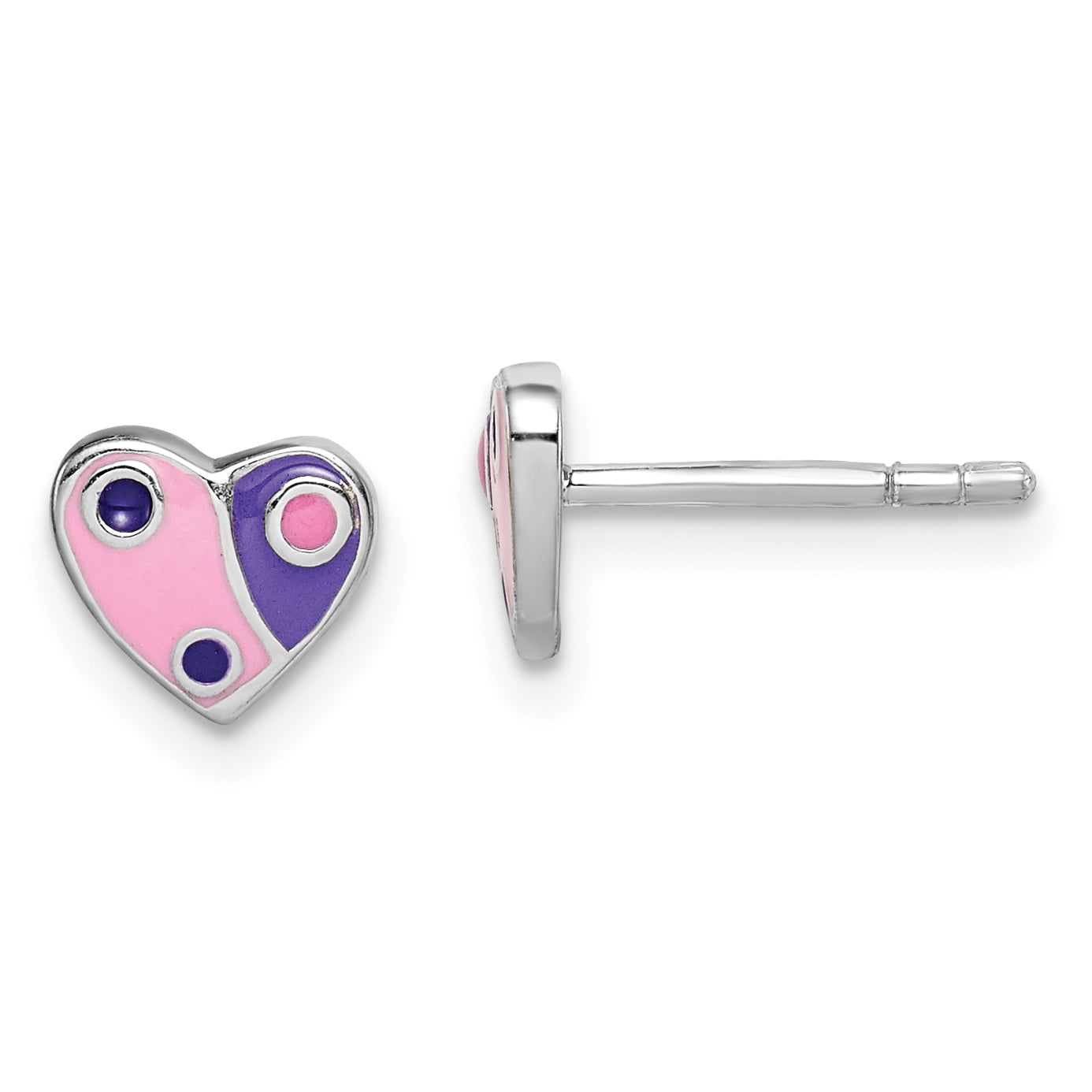 Sterling Silver Rhodium-plated Polished Pink & Purple Enameled Heart Children's Post Earrings