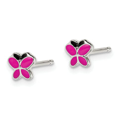 Sterling Silver Polished Pink & Black Enameled Butterfly Children's Post Earrings