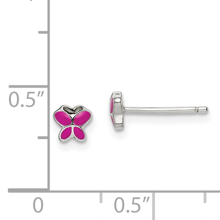 Sterling Silver Polished Pink & Black Enameled Butterfly Children's Post Earrings