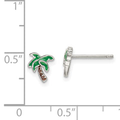 Sterling Silver Rhodium-plated Polished Enameled Palm Tree Post Earrings