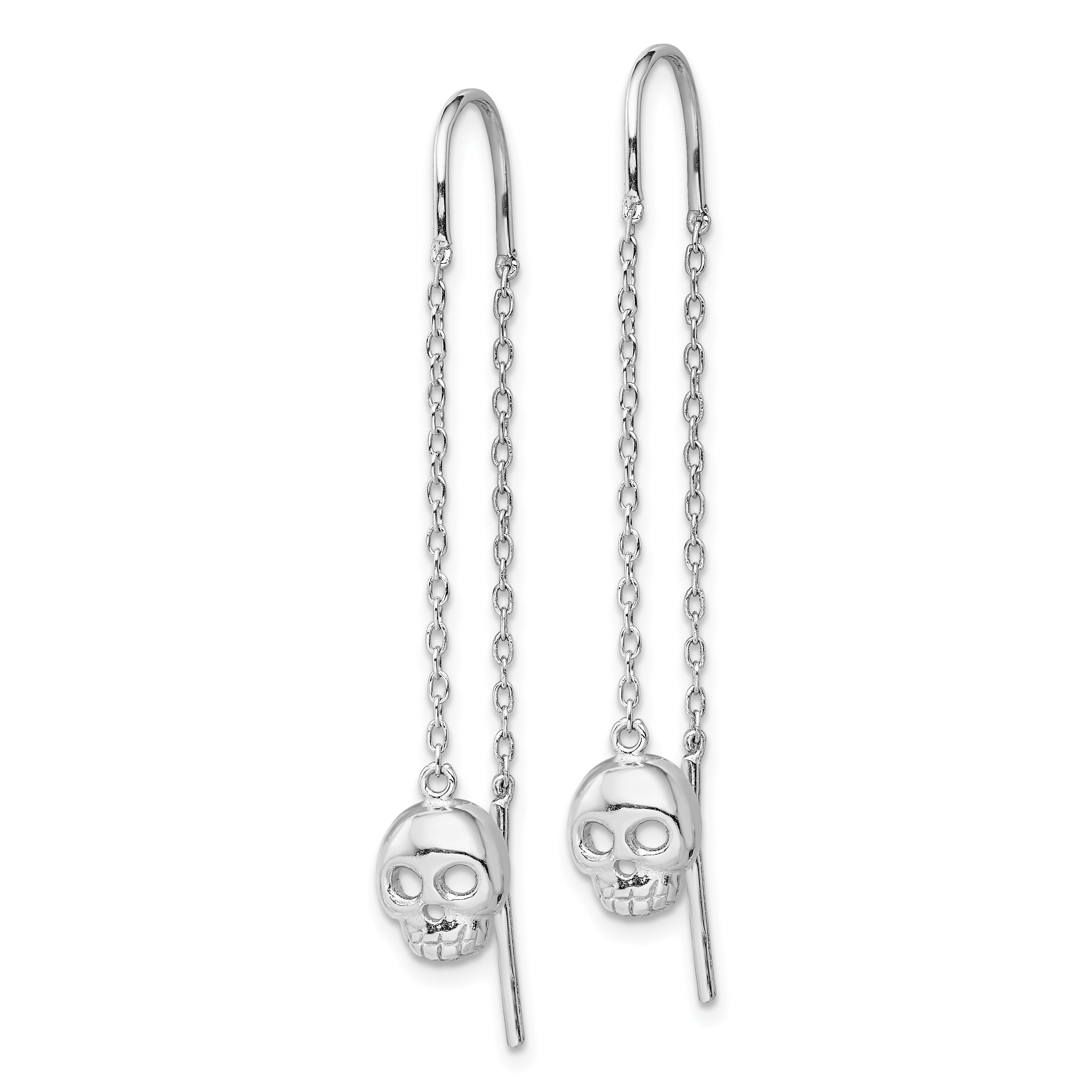 Sterling Silver Rhodium-plated Polished Skull Threader Earrings