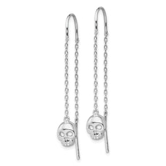 Sterling Silver Rhodium-plated Polished Skull Threader Earrings