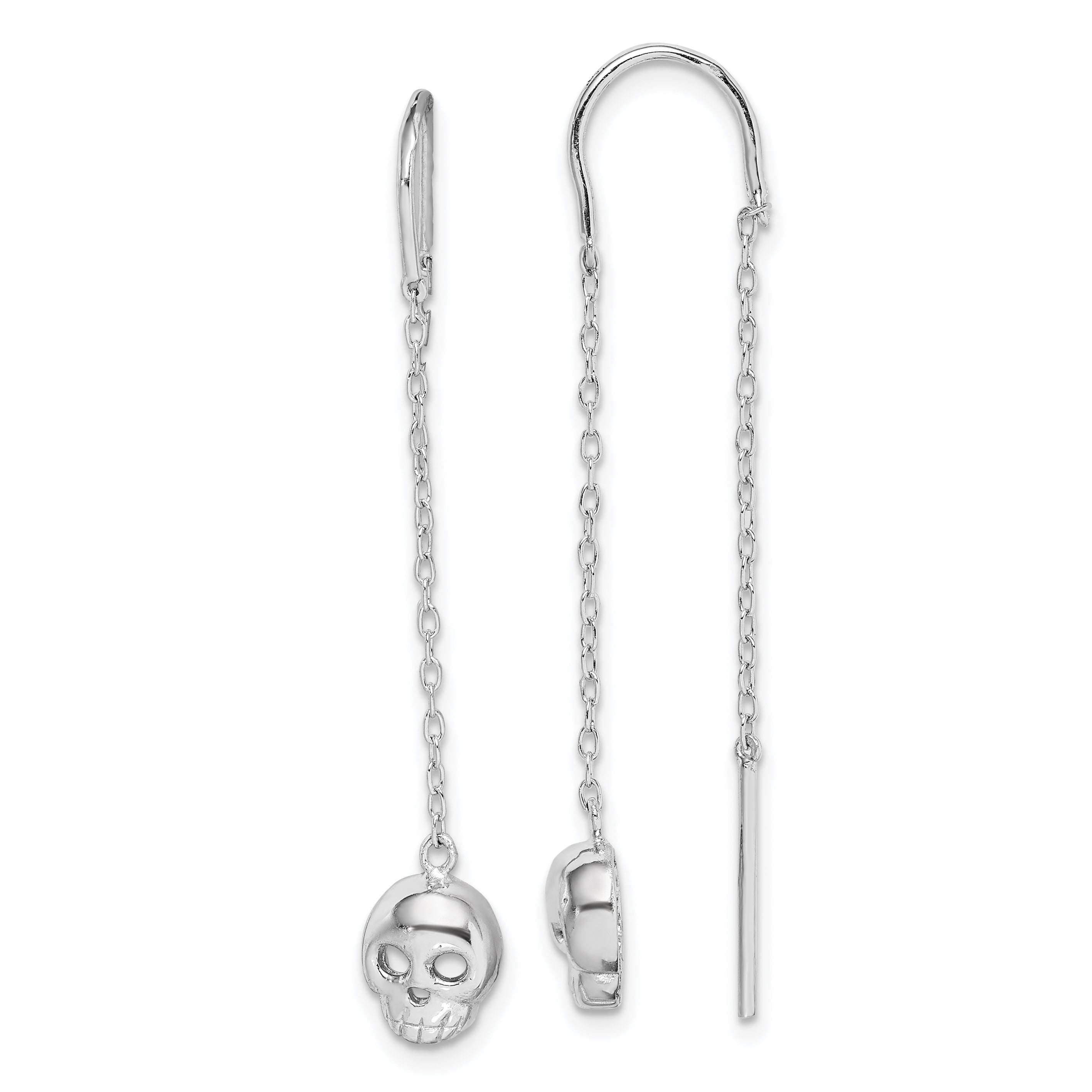 Sterling Silver Rhodium-plated Polished Skull Threader Earrings