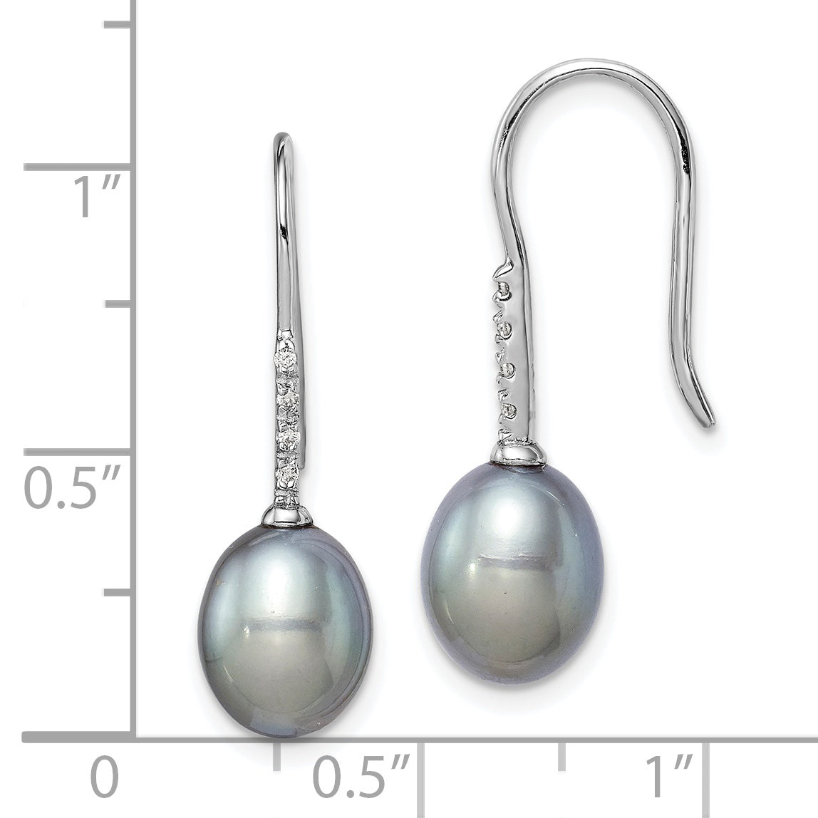 Sterling Silver Rhodium-plated Polished 7-8mm Grey Freshwater Cultured Pearl & CZ Dangle Earrings