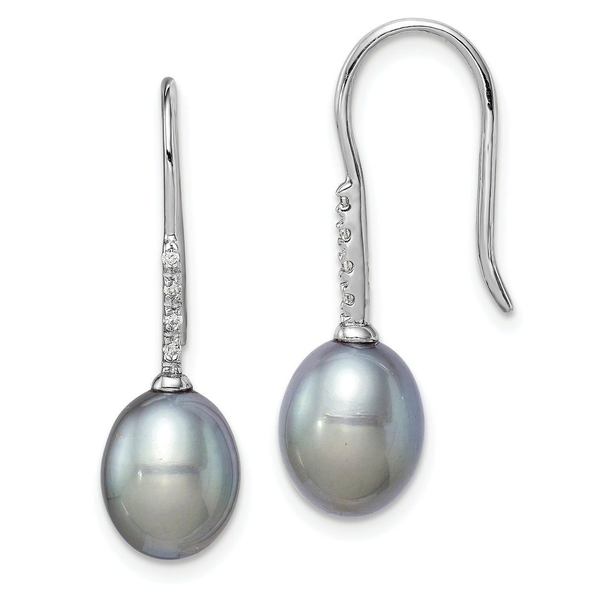 Sterling Silver Rhodium-plated Polished 7-8mm Grey Freshwater Cultured Pearl & CZ Dangle Earrings