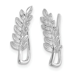 Sterling Silver Rhodium-plated Polished & Textured Leaf Ear Climber Earring