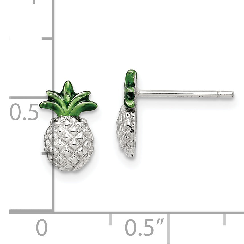 Sterling Silver Rhod-plated Pineapple w/Green Enamel Post Earrings