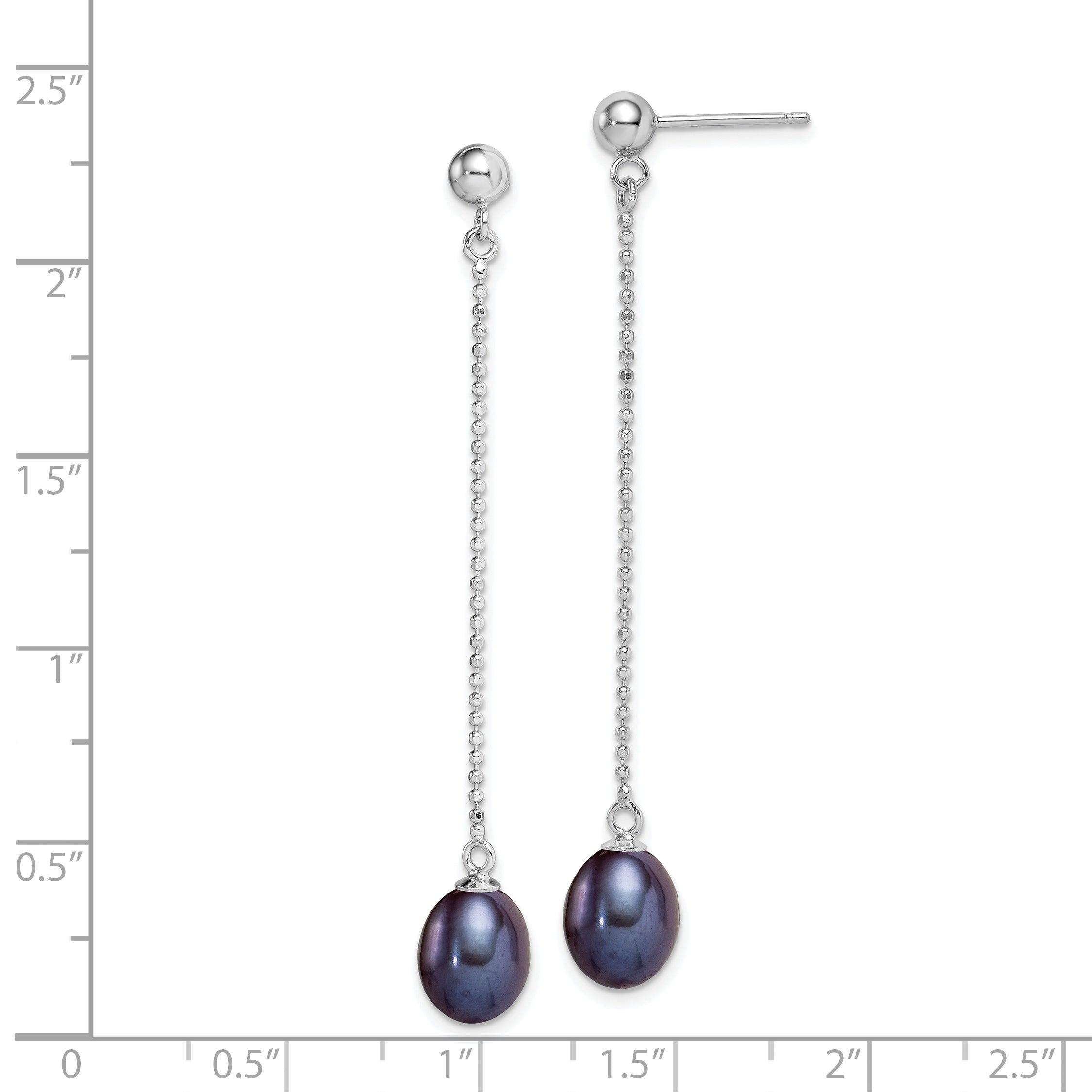 Sterling Silver Rhodium-plated Polished & Beaded 7-8mm Black Freshwater Cultured Pearl Post Dangle Earrings