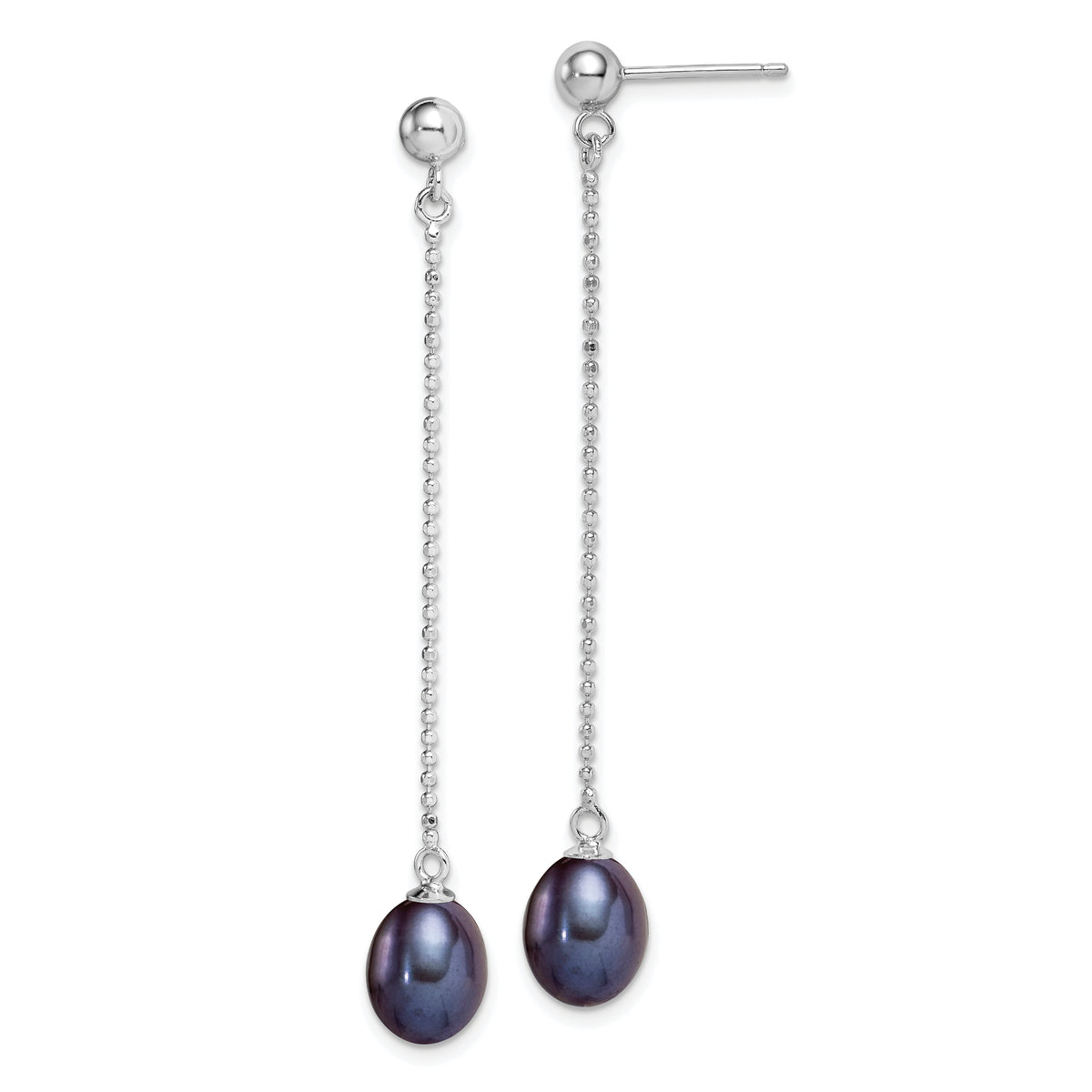 Sterling Silver Rhodium-plated Polished & Beaded 7-8mm Black Freshwater Cultured Pearl Post Dangle Earrings