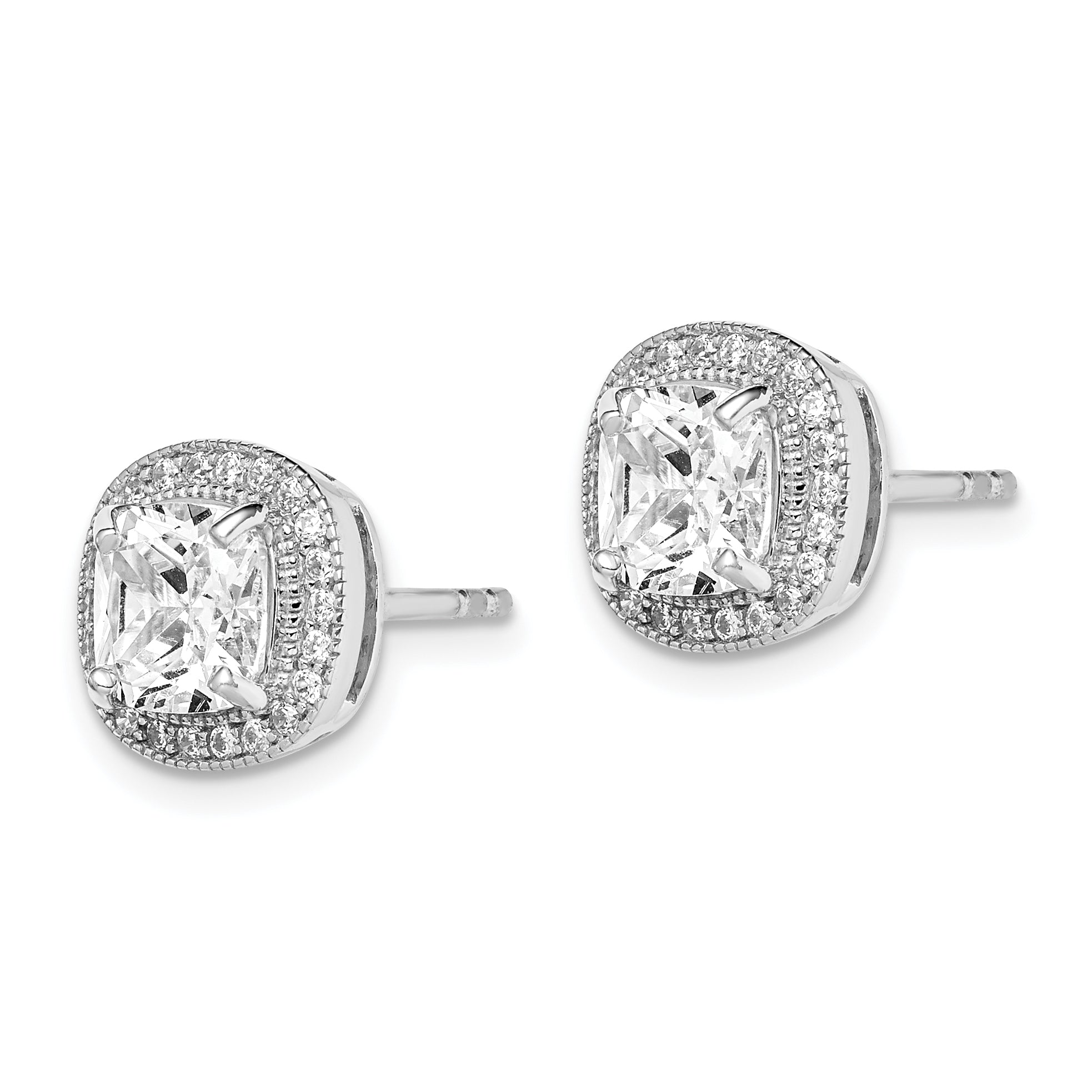 Sterling Silver RH-plated Polished & Textured 6mm CZ Halo Post Earrings