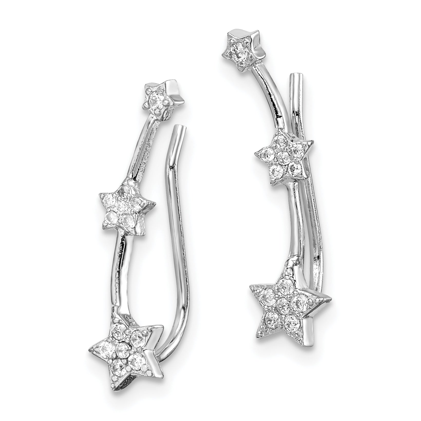 Sterling Silver Rhodium-plated Polished CZ Three Star Ear Climber Earrings