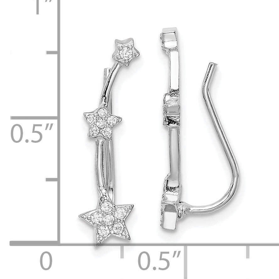 Sterling Silver Rhodium-plated Polished CZ Three Star Ear Climber Earrings