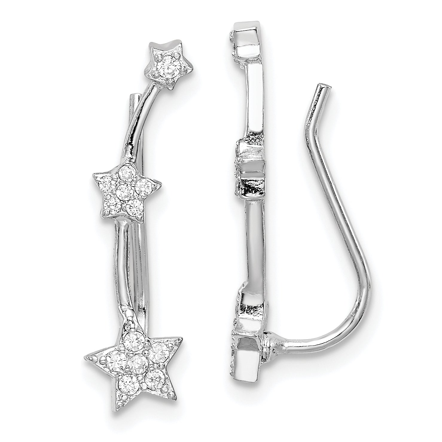 Sterling Silver Rhodium-plated Polished CZ Three Star Ear Climber Earrings